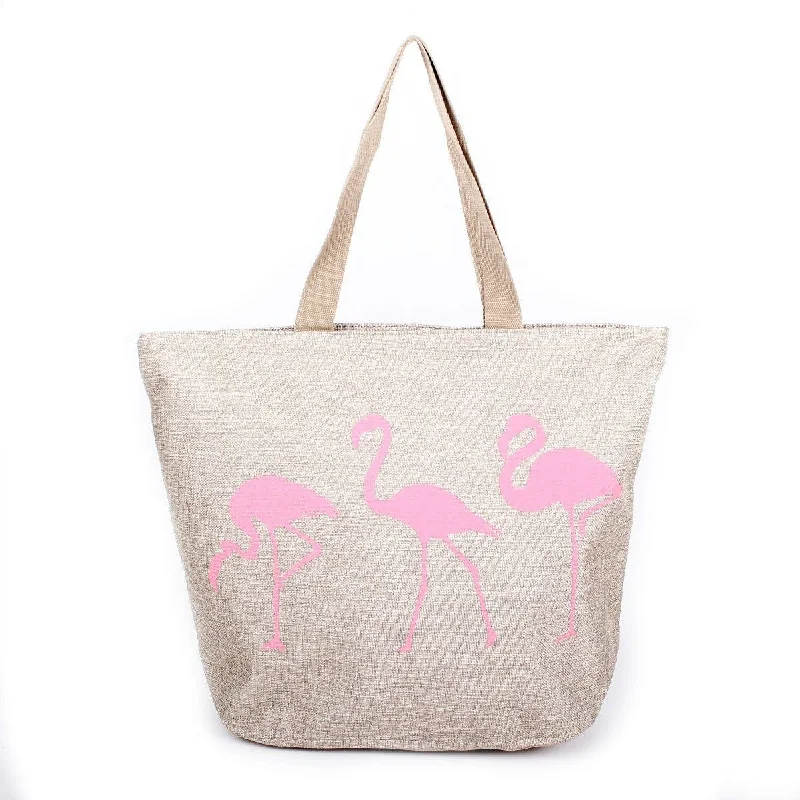 B797 Pink Flamingo Printed Large Beach Tote Bag