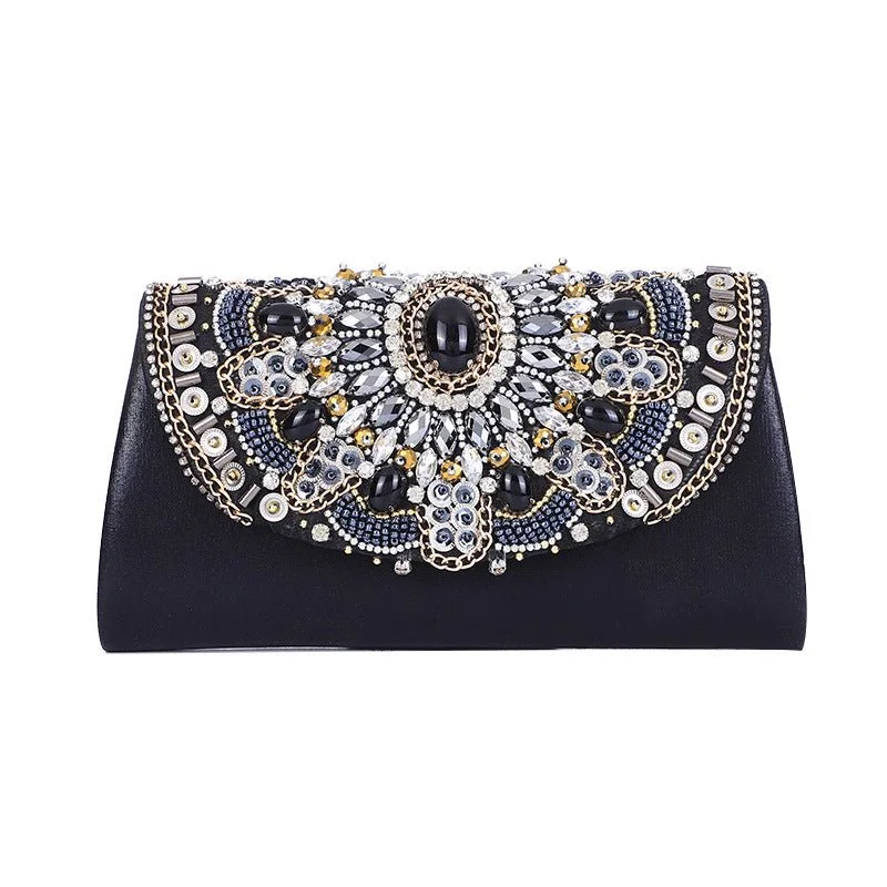 Luxy Moon Retro Beaded Women's Clutch Black PU Leather Chain Shoulder Bag