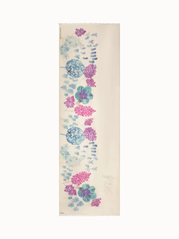 Scarf in Cashmere Silk with Denim Blossom Print