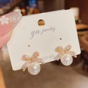 Stainless Steel Pearl Bow Stud Earrings 2 Pcs Silver