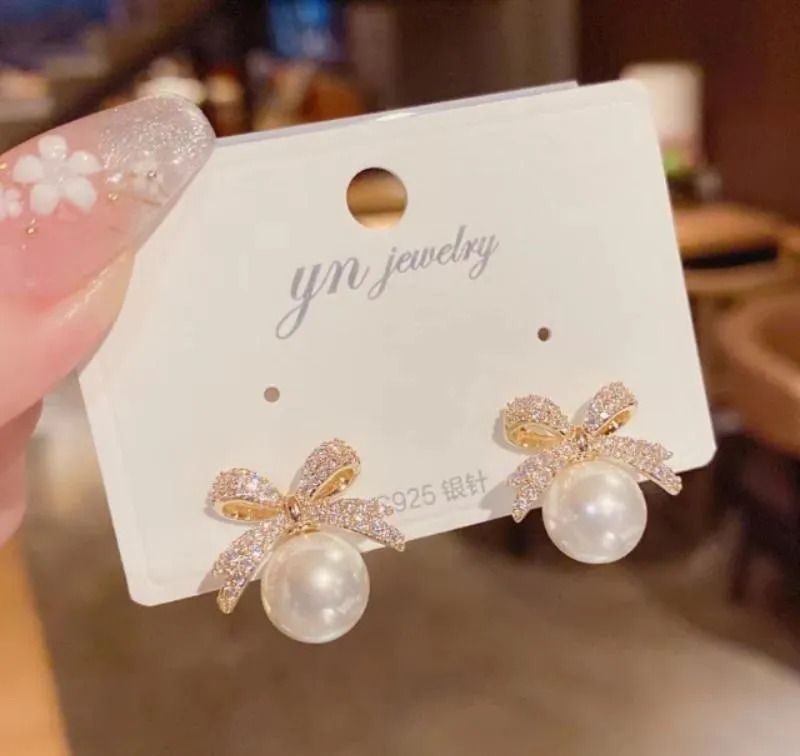 Stainless Steel Pearl Bow Stud Earrings 2 Pcs Silver